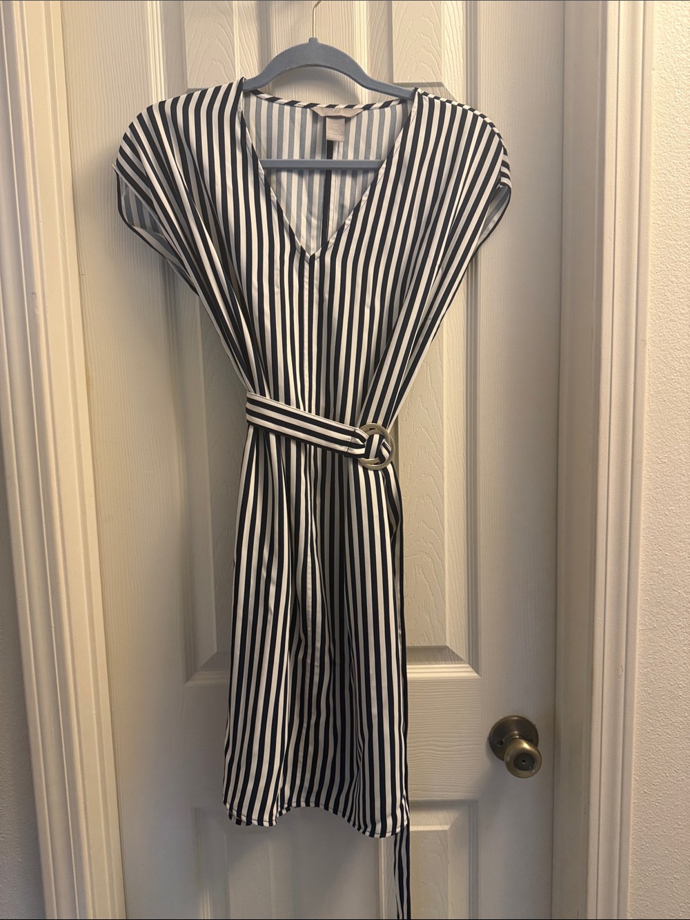 H&M Black & White Vertical Stripe Belted Midi Dress